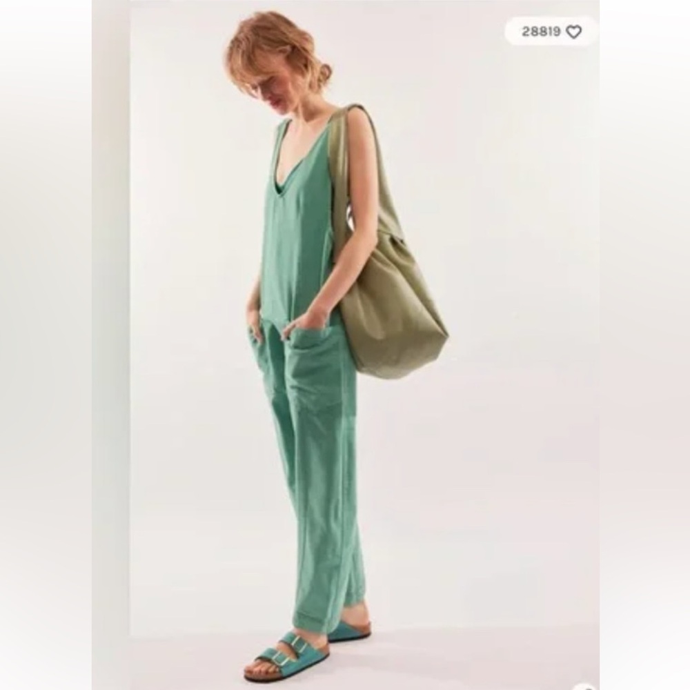 NWOT Free People High Roller Denim Overalls Jumpsuit in Turquoise Green Sz Large